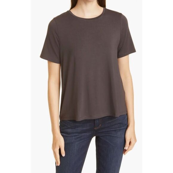 Eileen Fisher Tencel Short Sleeve T Shirt in Dark Brown NWT Size Large - Picture 1 of 7